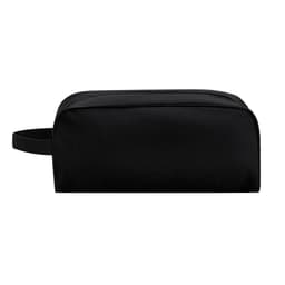 A black bag with a rectangular shape and a side handle. It features a simple design and has a logo.