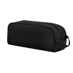 A black cosmetic bag with a zip closure and a side handle, featuring a sleek and simple design.