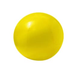 A bright yellow beach ball with a smooth surface and a round shape. It features a logo but no other markings.