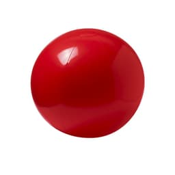 A bright red ball with a smooth, glossy surface, featuring a logo on one side.