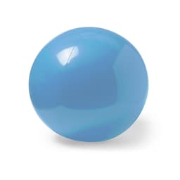 A blue beach ball with a glossy finish, featuring a simple design and a small logo.
