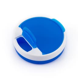 A blue and white pillbox with a divided compartment and a small lid for easy access. It features a logo.