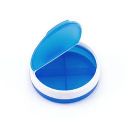 A blue and white pillbox with a hinged lid, featuring four compartments inside. It has a logo on the surface.