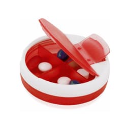 A red and white pillbox with sections inside, featuring various tablets and a hinged lid. It has a logo.