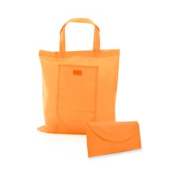 An orange foldable bag with handles, accompanied by a matching pouch for easy storage.