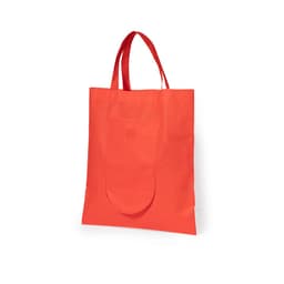 A foldable bag in a vibrant orange hue, featuring a front pocket and two sturdy handles. It has a logo on the front.