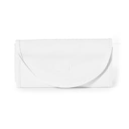 A white foldable bag with a rounded flap closure, featuring a logo. Ideal for convenient storage.
