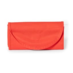 An orange foldable bag featuring a curved flap closure and a logo on the front.