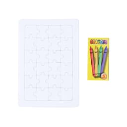 A jigsaw puzzle with blank pieces alongside a pack of colourful crayons, featuring four different shades.