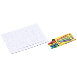 A blank jigsaw puzzle with a set of colourful crayons in red, blue, and green packaging.