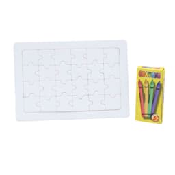 A jigsaw puzzle with 16 white pieces and a box of four colourful crayons. The puzzle has a simple design.
