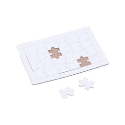 A white puzzle with missing pieces, set on a cardboard base. Includes two loose puzzle pieces.