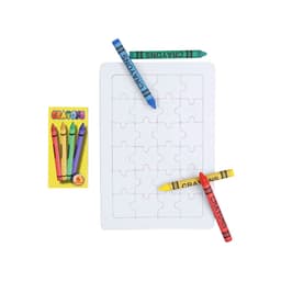 A puzzle board with crayon outlines, featuring blue, green, red, yellow, and purple crayons alongside a crayon box.