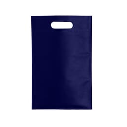 A navy blue bag with a hand-held cutout at the top and a smooth surface. It features a branding logo.