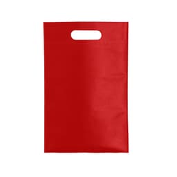 A red bag with a cut-out handle and a smooth surface, featuring a logo on the front.