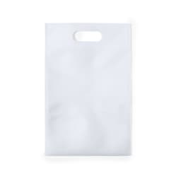 A white promotional bag with a cut-out handle and no visible branding.