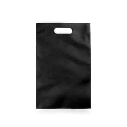 A black bag with a handle, made from textured material, featuring a logo.