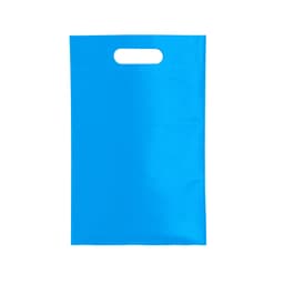 A blue promotional bag with a handle, featuring a smooth finish and no visible logos.