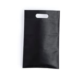 A black promotional bag featuring a handle and a simple design, suitable for miscellaneous items.