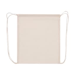 A cream drawstring bag with two adjustable cords, featuring a simple design and a logo.