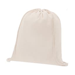 A beige drawstring bag with a tight closure and matching drawstrings; features a logo.