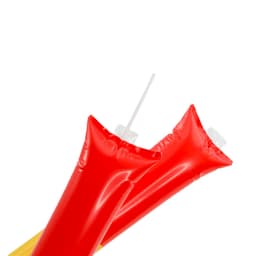 Two red inflatable drink pouches with straws, featuring a smooth surface and a vibrant design.