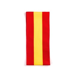 A scarf featuring red and yellow stripes, with a prominent branding logo.
