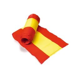 A rolled scarf featuring horizontal stripes of red and yellow, showcasing a smooth fabric finish.