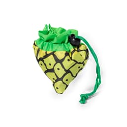 A green and yellow foldable bag shaped like a fruit with a drawstring closure. It features a logo on the surface.