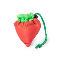 A foldable bag shaped like a strawberry, featuring a red exterior and a green top with a drawstring closure.