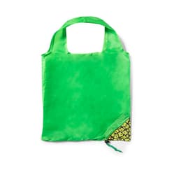 A bright green foldable bag with a patterned corner and shoulder straps. It features a branding logo.