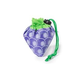 A purple foldable bag with a green drawstring closure features a scale pattern. It has a logo printed on the surface.