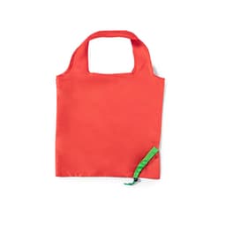 A foldable bag in vibrant red with a green drawstring detail for compact storage. It features a simple design and a handle.