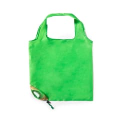A green foldable bag with a pouch for storage and a logo. It features sturdy handles for easy carrying.