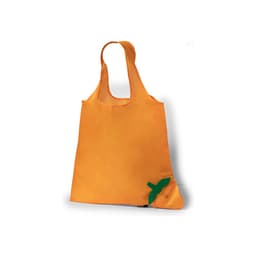 An orange foldable bag with a green accent, featuring a logo on the front.