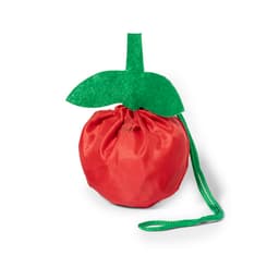 A red foldable bag resembling a tomato, with a green leaf and drawstring. It has a simple logo.