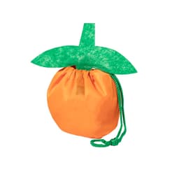 An orange foldable bag with a green leaf design on top and a drawstring closure.