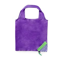 A purple foldable bag with a green and patterned corner. It features a logo.