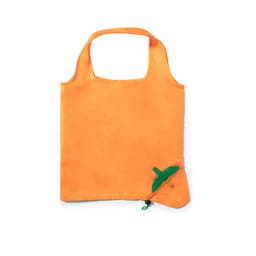 An orange foldable bag with a green accent and a logo in one corner.