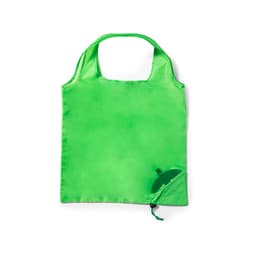 A green foldable bag with a small pocket for storage and a logo. Suitable for carrying various items.