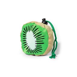 A foldable bag shaped like a kiwi fruit in green and beige, featuring a drawstring and a logo.