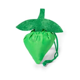 A green foldable bag shaped like a strawberry, featuring a green leaf design and a drawstring closure.