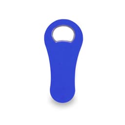 A blue bottle opener with a smooth surface and a circular opening at the top, featuring a logo.