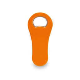 An orange bottle opener keyring with a rounded, ergonomic design and a silver opening mechanism.