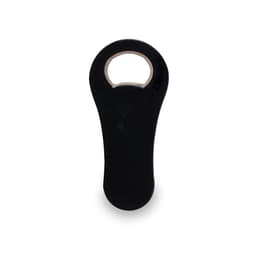 A black bottle opener with a rounded handle and a circular opening at the top. It features a logo.