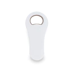 A white bottle opener keyring with a sleek design and a metallic opening mechanism. Features a branding logo.