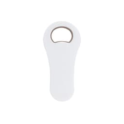 A drink bottle opener in white with a metal opening mechanism and a logo on the surface.