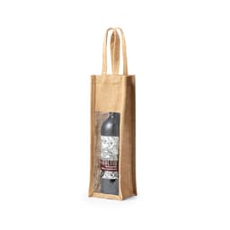 A jute bag with a transparent panel, featuring two handles and holding a black drink bottle inside.