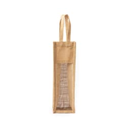 A jute bag in natural brown with two handles and a mesh front panel. It features a logo on the side.