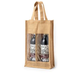 A jute bag with clear window, displaying two wine bottles inside, featuring tan and black colours.